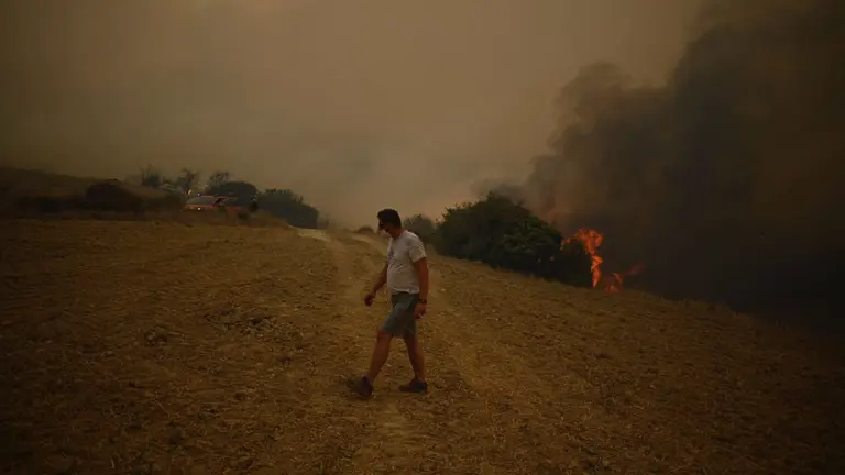 Bomberos y vecinos de los pueblos cercanos combaten las llamas cerca de Artajona. PABLO LASAOSA