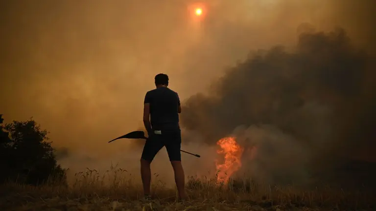 Bomberos y vecinos de los pueblos cercanos combaten las llamas cerca de Artajona. PABLO LASAOSA