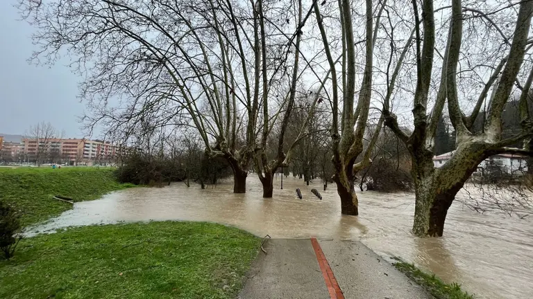 El Río Arga se desborda a su paso por la Rochapea en Pamplona. PABLO LASAOSA