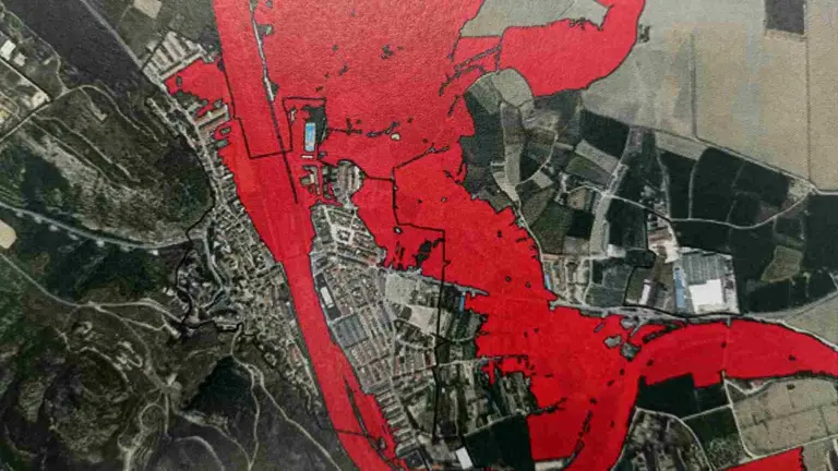 Vista aérea de Funes y de la zona en la que se esperan las inundaciones del Arga. AYUNTAMIENTO DE FUNES