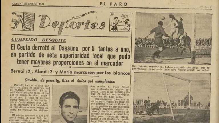 Crónica del partido Ceuta - Osasuna el 18 de enero de 1944 en El Faro de Ceuta. Cedida.