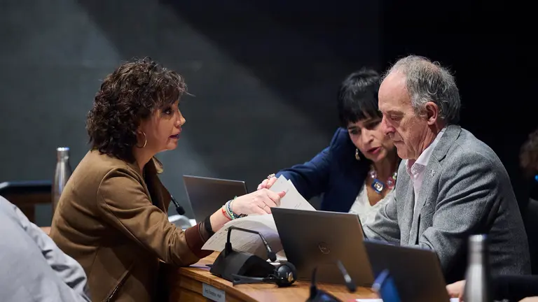 Ainhoa Unzu, del PSN junto a Laura Aznal y Adolfo Araiz, de EH Bildu minutos antes de comenzar el pleno del Parlamento. PABLO LASAOSA