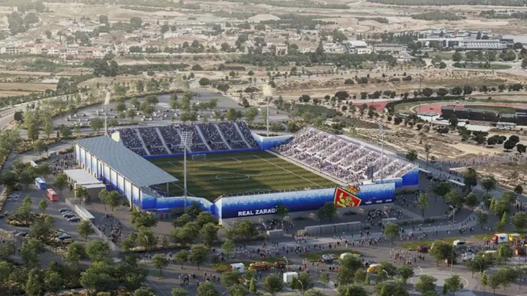 Imagen aérea del estadio Ibercaja, sede provisional del Real Zaragoza. Cedida.