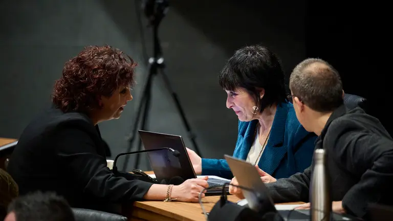 Ainhoa Unzu, del PSN, junto a Laura Aznal, Mikel Zabaleta y Adolfo Araiz, de EH Bildu, durante el Pleno del Parlamento de Navarra. PABLO LASAOSA