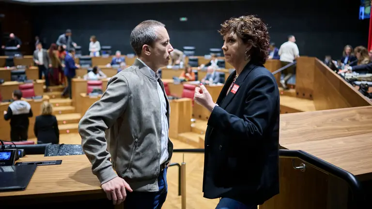 Mikel Zabaleta, de EH Bildu, junto a Ainhoa Unzu, portavoz del PSN, durante el Pleno del Parlamento de Navarra. PABLO LASAOSA