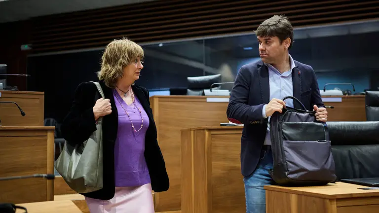 Ana Ollo, de Geroa Bai, junto a Pablo Azcona, de Geroa Bai, durante el Pleno del Parlamento de Navarra. PABLO LASAOSA