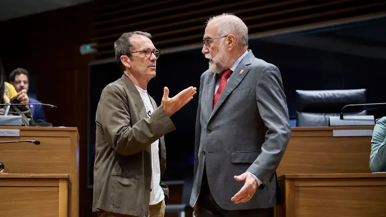 Mikel Asiain, de Geroa Bai, junto a Fernando Domínguez, consejero de Salud, durante el Pleno del Parlamento de Navarra. PABLO LASAOSA
