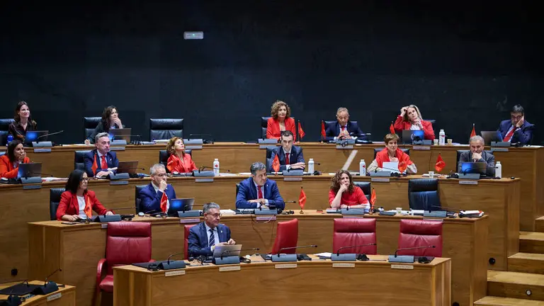 Parlamentarios de UPN colocan banderas de Navarra sobre la mesa durante el Pleno del Parlamento de Navarra. PABLO LASAOSA