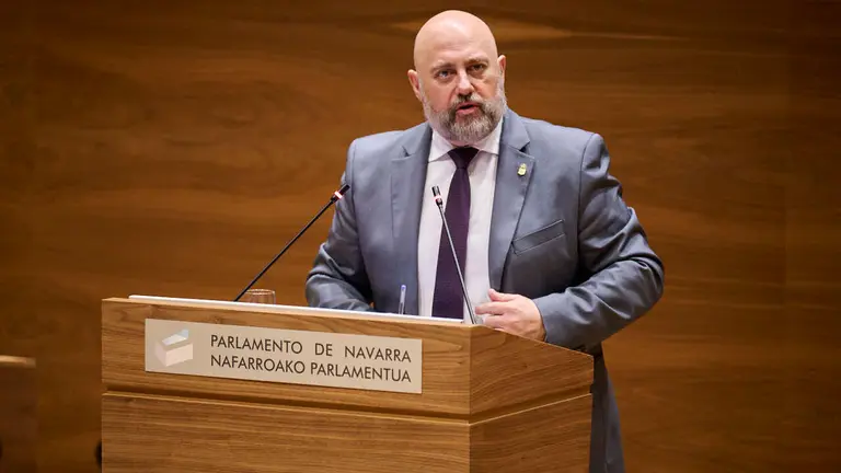 José Luis Arasti, consejero de Economía y Hacienda, junto a Pablo Azcona, de Geroa Bai, durante el Pleno del Parlamento de Navarra. PABLO LASAOSA