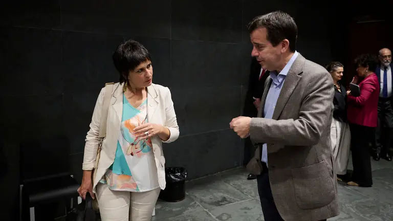 Laura Aznal, de EH Bildu, junto a Mikel Irujo, consejero de Industria y de Transición Ecológica y Digital Empresarial, durante el Pleno del Parlamento de Navarra. PABLO LASAOSA