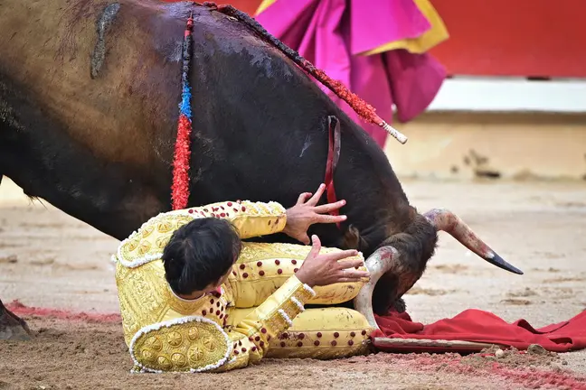 El torero Jiménez Fortes pierde el equilibrio y se cae delante de la cara del toro durante la lidia a su segundo de la tarde en la octava de abono de la Feria del Toro de los Sanfermines 2026 con toros de la ganadería gaditana de La Palmosilla y en la que comparte cartel con los diestros Fernando Adrián y Samuel Navalón. EFE/ Daniel Fernández.
