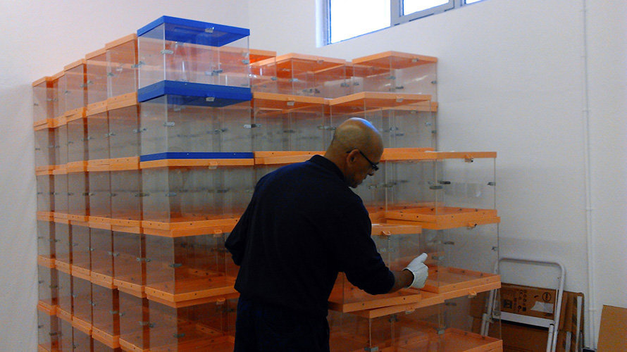 Una personas trabaja en la limpieza de las urnas para las elecciones en Pamplona.