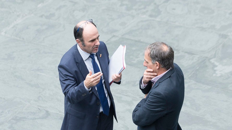 Manu Ayerdi habla con Adolfo Araiz en el Parlamento de Navarra. PABLO LASAOSA.