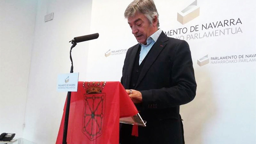 Koldo Martínez, con la bandera de Navarra en el Parlamento
