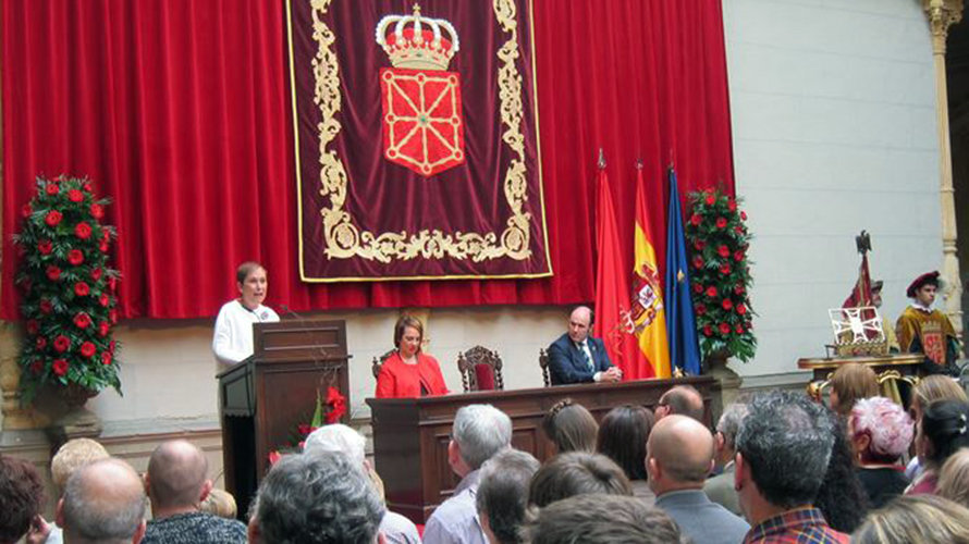 Un momento de la intervención de Uxue Barkos durante el Día de Navarra.