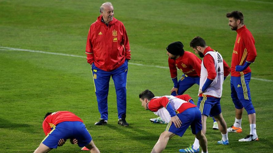 Del Bosque junto a sus jugadores de la selección española. Efe.