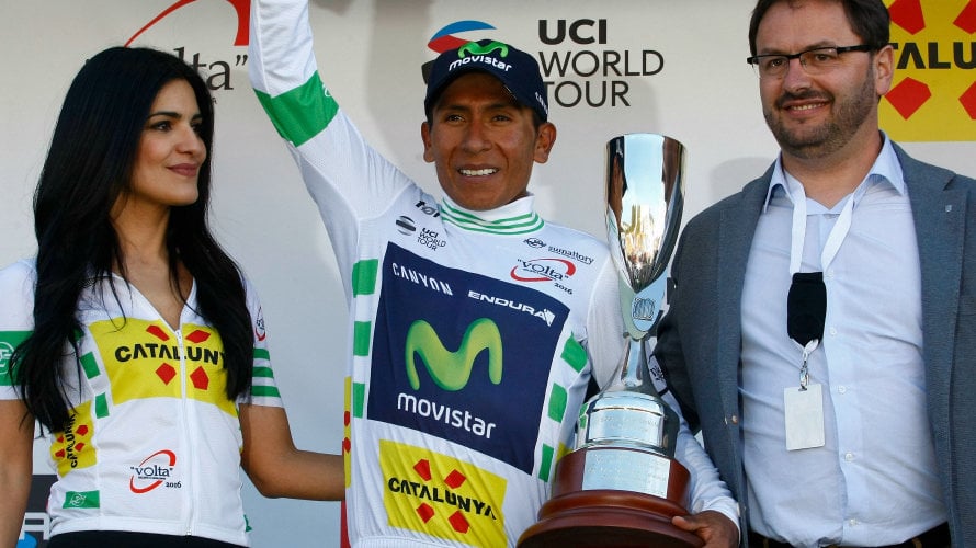 Nairo Quintana celebra su liderato en la Volta. Foto Movistar team.