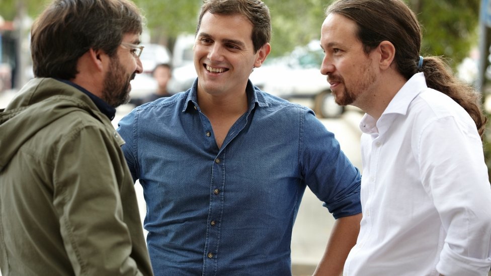 Évole con Albert Rivera y Pablo Iglesias en el encuentro anterior.