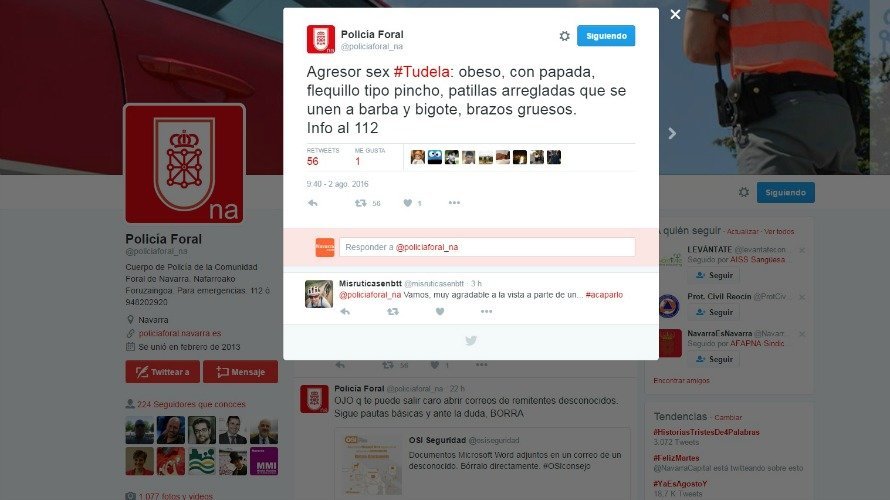 Polícia Foral informa en un tuit de cómo es el agresor de Tudela. 