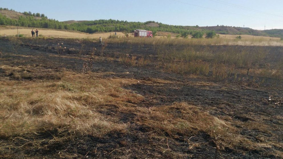 El terreno calcinado tras el incendio producido en Larraga. Foto: Twitter de la Asociación Navarra de Guardas Forestales.