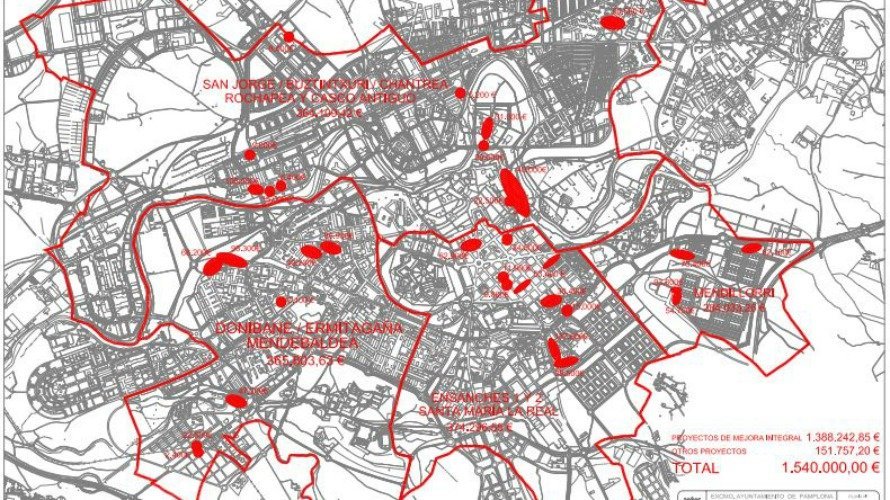 Mapa de las obras que es van a acometer en Pamplona y sus barrios. 