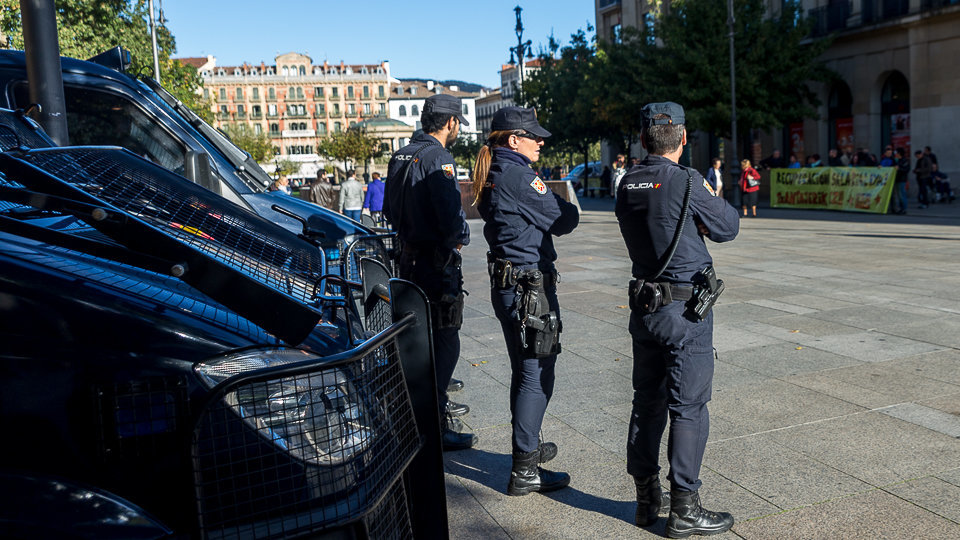 Miembros de la Policía Nacional vigilan la celebración de una concentración frente al Parlamento de Navarra (1). IÑIGO ALZUGARAY
