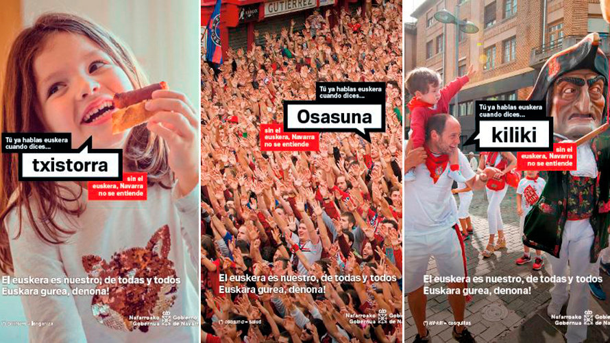 Algunos de los carteles de la nueva promoción del euskera en Navarra del Gobierno foral.