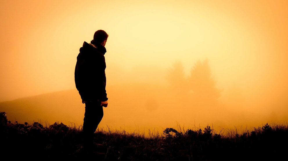 Un joven pasea por un campo entre la niebla.
