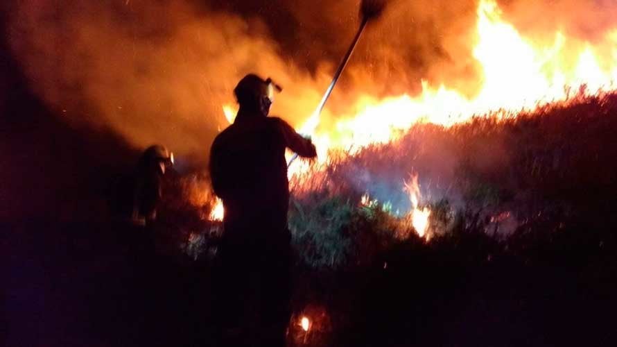 Bomberos de Navarra trabajan en la extinción de un incendio forestal en el Baztán.