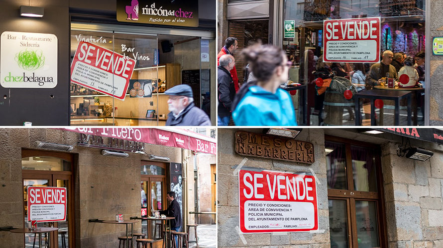 Varios locales de hostelería del centro de Pamplona cuelgan el cartel de Se vende como protesta por el PEPRI. ÍÑIGO ALZUGARAY