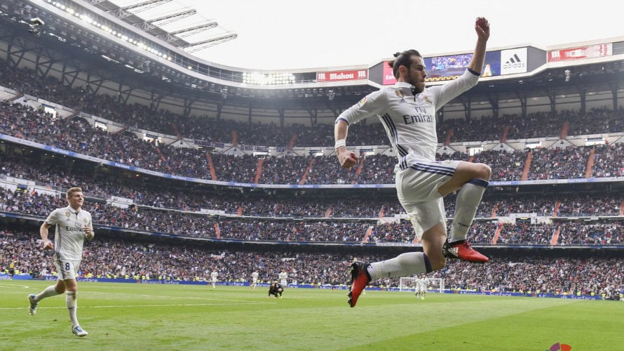 Gareth Bale celebra su gol al Espanyol. Lfp.