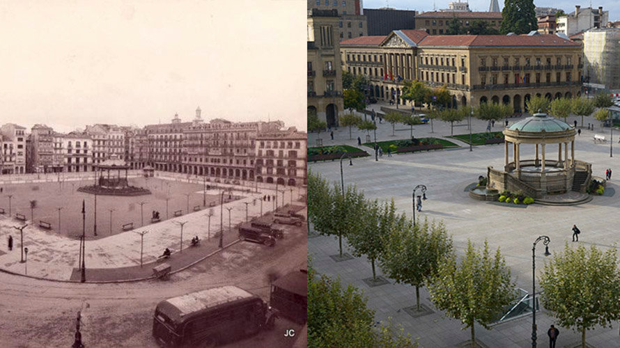 Imagen de la Plaza del Castillo, centro de Pamplona, en 1903 (izda) y actual.
