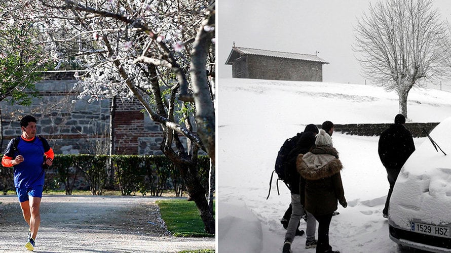 Contraste entre una imagen de primavera y otra invernal en Navarra.