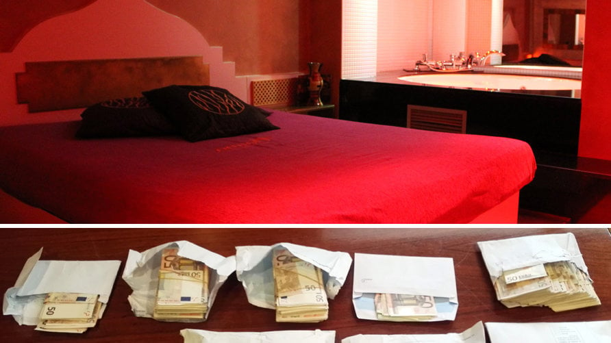 Imagen de la habitación de un club de alterne en el que se ejerce la prostitución y parte del dinero incautado en un registro en varios burdeles navarros
