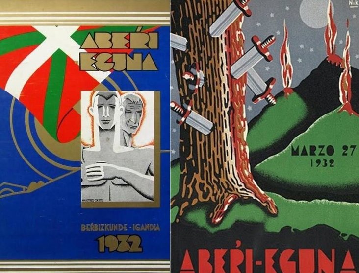 A la izquierda la portada de la revista del primer “Día de la Patria Vasca”, “Abeŕi Eguna Beŕbizkunde-Igandia 1932”  a la derecha uno de los carteles diseñado por Luciano de Quintana (Nik).