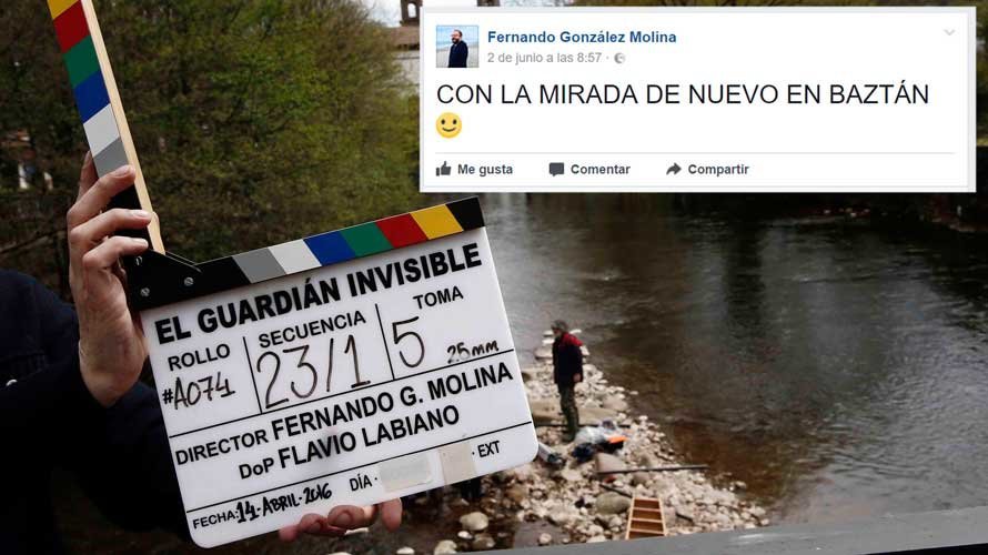 La claqueta del rodaje de la película El guardián invisible en Elizondo y el mensaje del director en Facebook. EFE