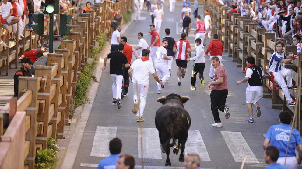 El último toro de la ganadería de Ana Corera, de Larraga, corre durante el tercer encierro de las fiestas de Tudela MIGUEL OSÉS