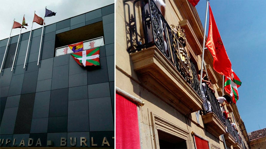 A la izquierda, el Ayuntamiento de Burlada este lunes con la ikurriña y a la derecha, Tafalla