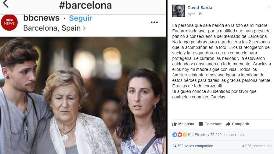 El mensaje de agradecimiento de David Sardá para los ciudadanos anónimos que auxiliaron a su madre en el atentado de Londres FACEBOOK