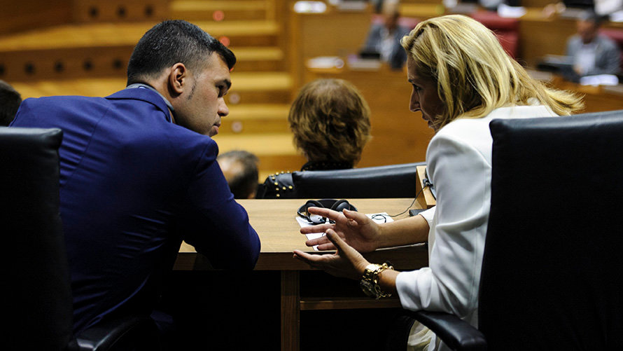 Javier García Jiménez y Ana Beltrán (PP) charlan durante el pleno del parlamento. MIGUEL OSÉS