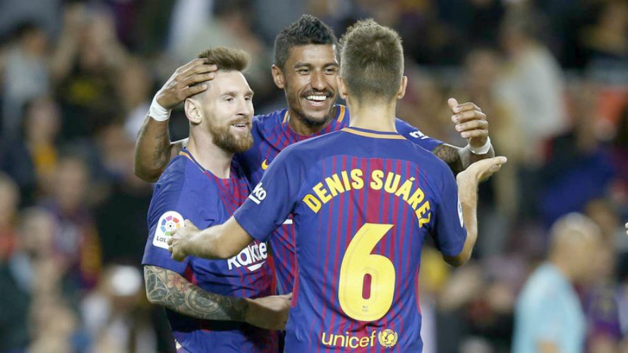 Messi celebra sus goles con Paulinho y Suárez. FC Barcelona.