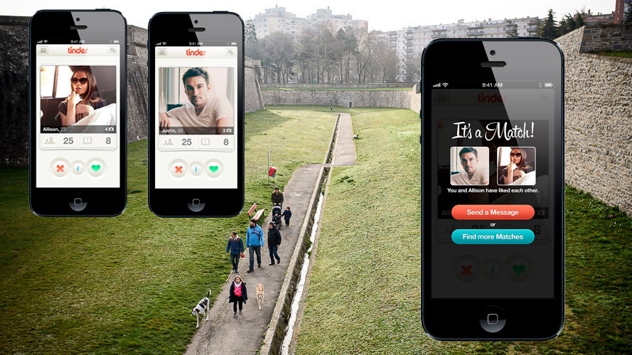 Imagen de la Ciudadela de Pamplona y tres capturas de la aplicación Tinder mostrando el emparejamiento de dos usuarios FOTOMONTAJE