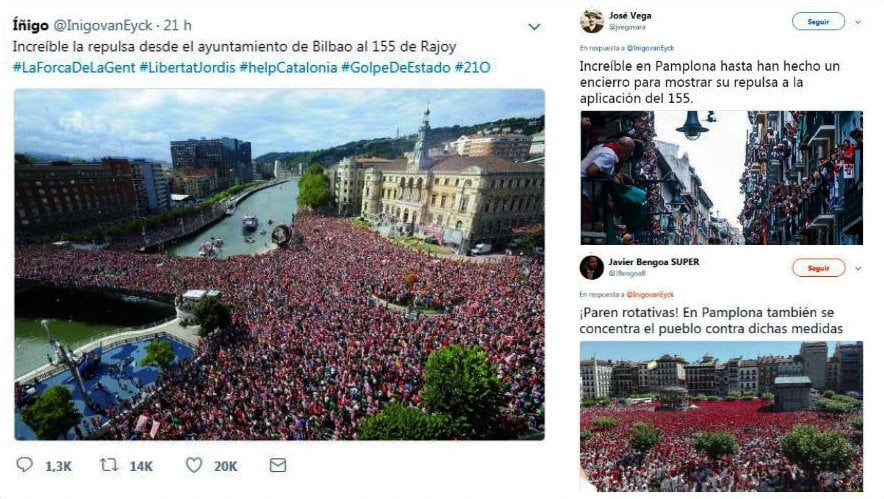 A la izquierda, el mensaje original de la broma. A la derecha, varias fotos sobre San Fermín.