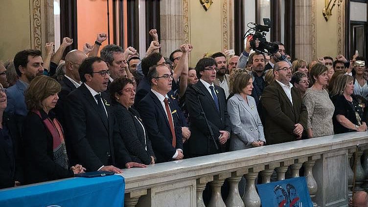 BARCELONA, SPAIN - OCTOBER 27: Catalan President Carles Puigdemont  makes an official statement after the news that the Catalan Parliament voted in favour of independence from Spain at the Catalan Government building Generalitat de Catalunya.Cordon Press