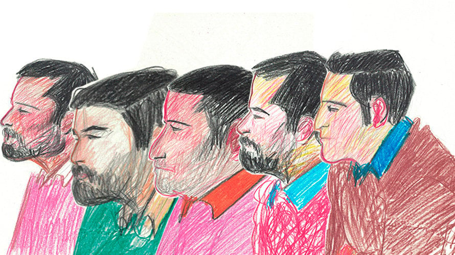Ilustración de los miembros de 'La Manada' durante el juicio