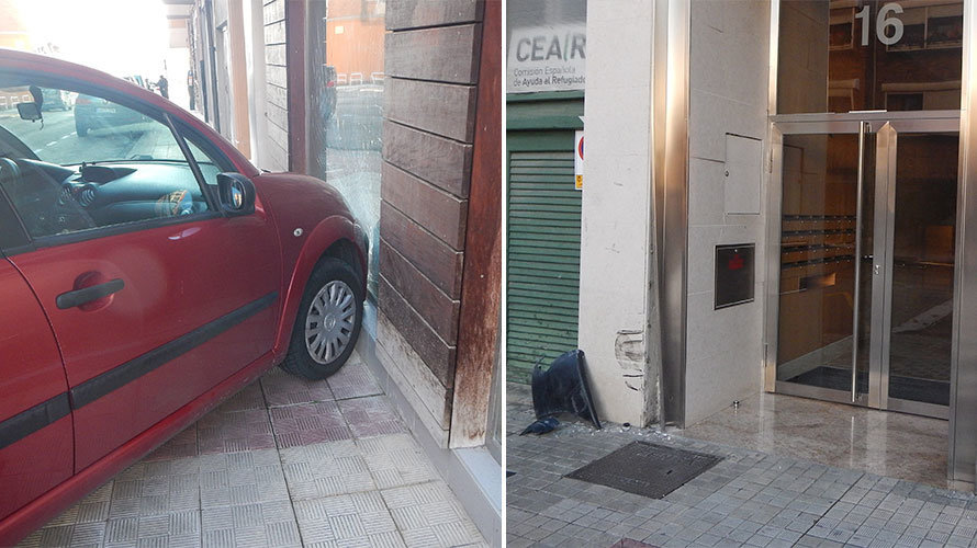 Dos vehículos chocan contra un portal y un escaparate en Pamplona. POLICÍA MUNICIPAL