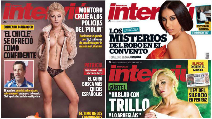 Varias de las últimas portadas de la revista Interviú, que ha anunciado su cierre.