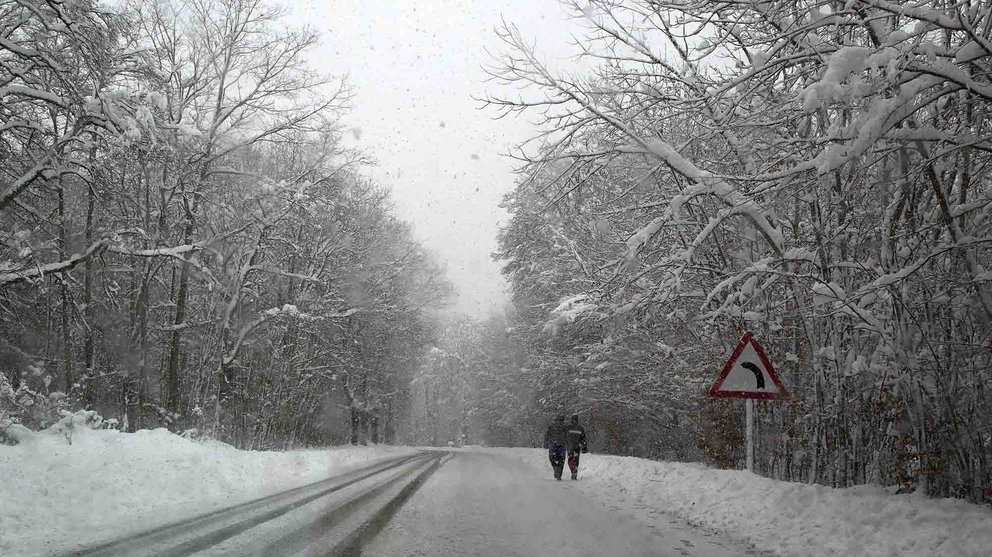GRA205 RONCESVALLES (NAVARRA), 15/01/2017.- Dos personas caminan por la N-135 en el término de Roncesvalles (Navarra), comunidad donde continúa el temporal de nieve con esperoses que alcanzan los 50cm de nieve. EFE/Villar López