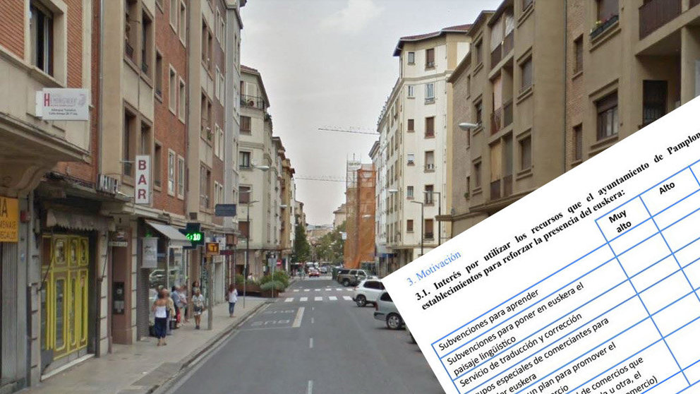 Algunas de las preguntas realizadas en comercios de Pamplona para saber si emplean el euskera junto con una imagen de la calle Amaya en el Ensanche NAVARRACOM