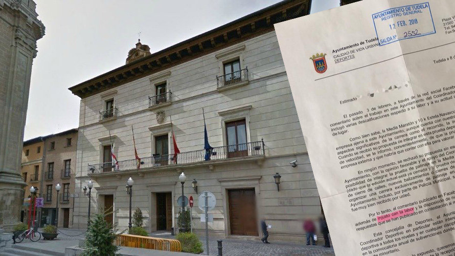 Imagen del Ayuntamiento de Tudela junto a la carta que el concejal de IE, Iñaki Magallón, ha enviado a un ciudadano para que rectifique una opinión publicada en internet NAVARRACOM